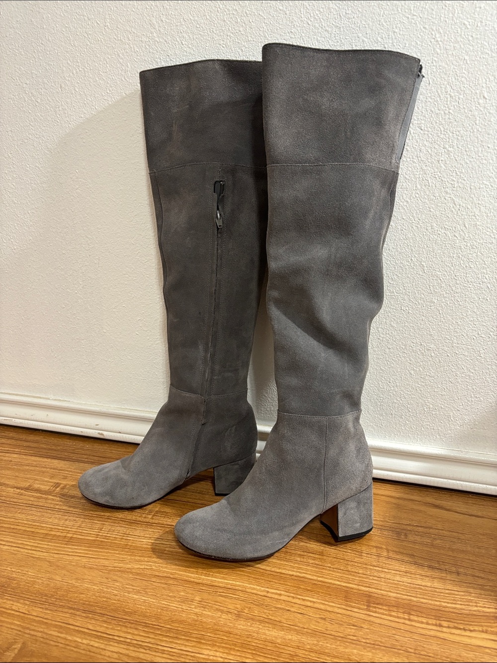 Grey Suede Knee-High Block Heel Boots